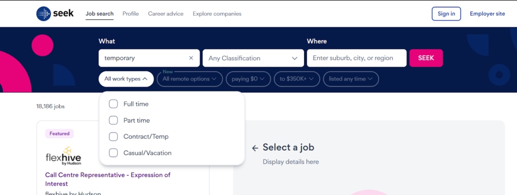 Job Searching Filters - Seek